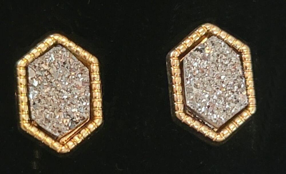 Crystal Druzy Earrings Post Back Gold Framed NEW